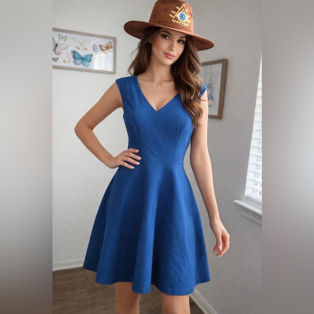 White House Black Market Blue Fit Flare Dress Size 6